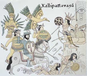 Combats entre Espagnols et Aztèques à la bataille de Xallipatlavaya, illustration tirée d