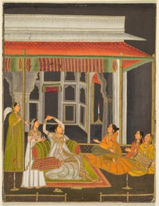 Une princesse sur une terrasse avec des serviteurs la nuit (recto) ; Calligraphie (verso), vers 1760 (aquarelle opaque avec or sur papier)