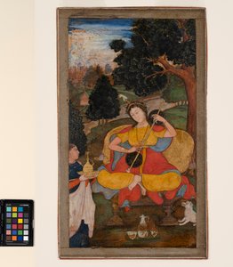 Une femme assise joue de la vina, servie par une servante, c.1590 - School Mughal