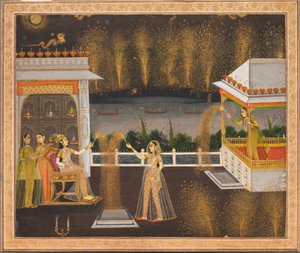 Dames célébrant Diwali, vers 1760 (aquarelle opaque et or sur papier) - School Mughal