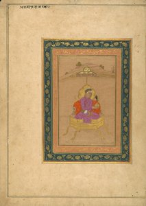 Le 3e empereur moghol Akbar assis sur le trône royal tenant sa couronne - School Mughal