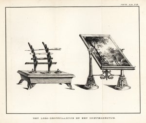 Pupitre de lecture avec paysage et encrier avec plumes