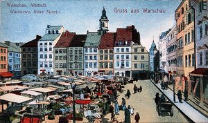 Carte postale représentant la place du marché de la vieille ville à Varsovie, c.1910 (lithographie en couleur)