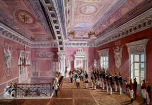 Prise de garde dans le vestibule supérieur du château de Pavlovsk en présence de Paul Ier levant son chapeau