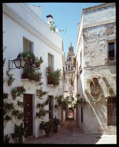 Vue du minaret (clocher) de la Grande Mosquée des Omeyyades, maintenant cathédrale, depuis la Calle de los flores, Cordoue, Espagne