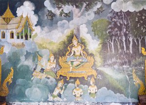 Fresque représentant une scène de la vie de Bouddha, temple Wat Phra That Doi Suthep