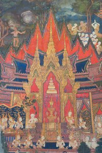 Murales dans la chapelle Buddhaisawan représentant Indra descendant des cieux peu après la crémation du Bouddha en arrachant la relique la plus précieuse, une dent cachée dans le chignon du brahmane