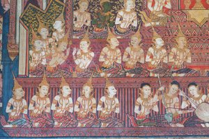 Fresques dans la chapelle Buddhaisawan représentant les célébrations du mariage royal des parents du Bodhisattva, le roi Suddhodana du clan Sakya et la princesse Mahamaya - School Thai
