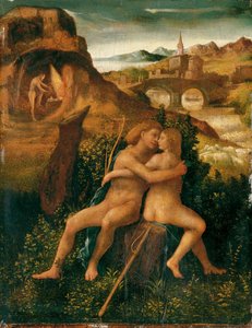 Vénus et Mars dans un paysage fluvial avec Vulcain travaillant dans sa forge, c.1500 - School Venetian