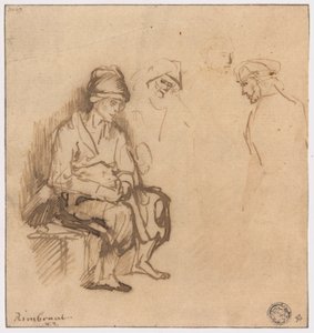 Femme assise sur un banc et trois esquisses de têtes