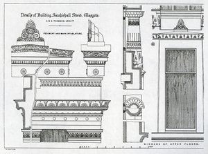 Détails architecturaux des chambres grecques, 336-356 Sauchiehall Street, Glasgow, conçus par Alexander Greek Thomson, 1869 - Scottish School