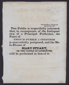 Avis de changement de programme au Théâtre Royal, Édimbourg, 30 septembre 1829 - Scottish School