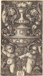Double coupe avec deux génies chevauchant des dauphins - Sebald Beham
