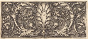 Ornement avec deux dauphins grotesques