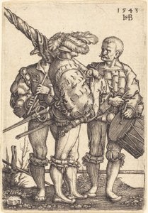 Porte-étendard, tambour et joueur de cornemuse