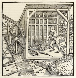 Exploitation minière avec roue hydraulique, de l