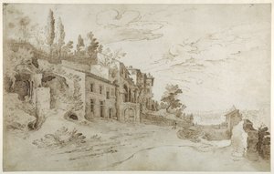 Maisons parmi les ruines avec une vue lointaine de Rome