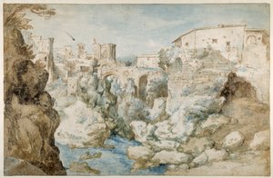 Vue de Tivoli avec le temple de la Sibylle Tiburtine et les chutes