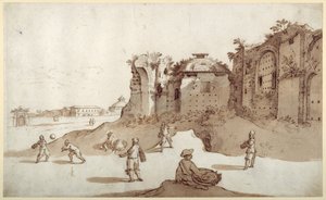 Jeunes hommes jouant à la pelote dans les thermes de Dioclétien; S. Bernardino au loin; le long mur de Bellaiani