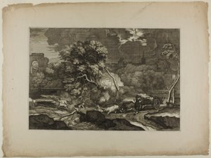 Charrette tirée par deux paires de bœufs dans une tempête - Sébastien Bourdon