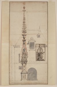 Projet de Mai des Gobelins permanent (recto) (craie noire, craie rouge, plume et encre noire et brune, lavis gris, sur deux feuilles jointes)