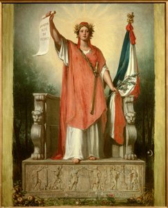 La république. Personnification de la République (Marianne) portant un parchemin sur lequel est écrit « souveraineté du peuple » et le drapeau tricolore - Sebastien Melchior Cornu