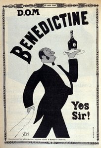 Publicité pour le digestif « Bénédictine ». Un garçon de café porte une bouteille sur un plateau. Dessin de Sem (1873-1932). 1910 - Sem