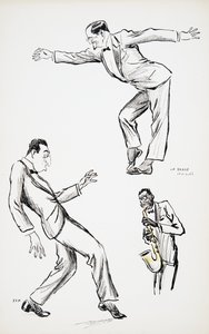 Deux gentlemen en cravate noire exécutent La Danse Havas au son du saxophone, de White Bottoms, pub. 1927