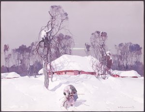 Vieille dame ramassant du bois dans la neige