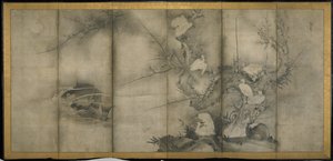 Saule, Hérons dans le prunier et le saule, paravent à six panneaux - Sesson Shkei