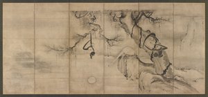Singes et arbres sur une rive de rivière, période Momoyama