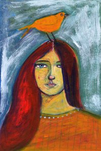 Une femme et un oiseau orange - Sharyn Bursic