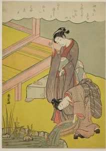 Jeune fille jetant des poissons dans un étang - Shiba Kokan
