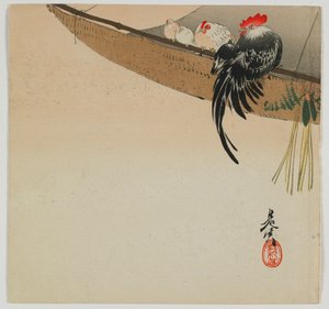 Poules perchées sur une voile, époque Meiji, fin du 19e siècle