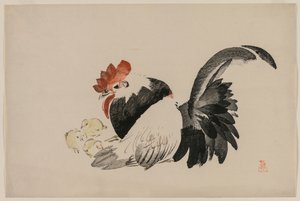 Coq, poule et poussins, vers 1880
