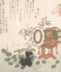 Plante Aoi, fleurs de cerisier, tambour et chapeau Eboshi représentant le chapitre Aoi..., 19e siècle