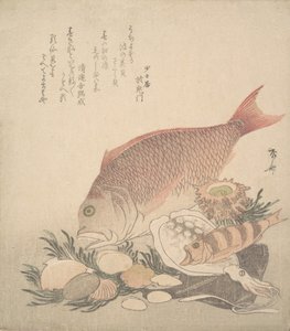 Grands et petits poissons nageant parmi les coquillages et les algues au fond de la mer, ca. 1830