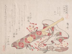 Shakuhachi, une sorte de flûte en bambou, avec son étui et des fleurs de cerisier, XIXe siècle