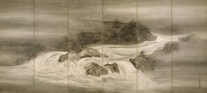 Paysage fluvial avec lucioles - Shiokawa Bunrin