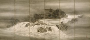 Paysage fluvial avec lucioles, 1874 - Shiokawa Bunrin