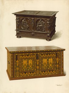 Coffre en chêne, propriété de Seymour Lucas; Coffre Nonesuch en chêne incrusté (chromolithographie) - Shirley Charles Llewellyn Slocombe