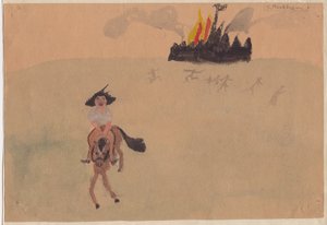 Fille sur un Cheval Fuyant un Fort en Flammes, vers 1941