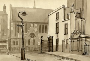 Lampadaire et église, vers 1951 - Shirley Markham