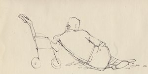 Homme appuyé contre une poussette sur la plage, vers 1950 - Shirley Markham