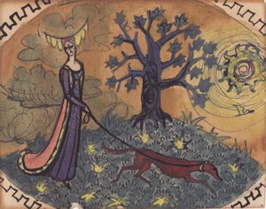 Dame médiévale et chien, vers 1950