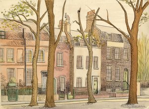 Scène de rue avec des arbres, vers 1950