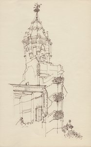 Tourelle de bâtiment en ruine, vers 1950