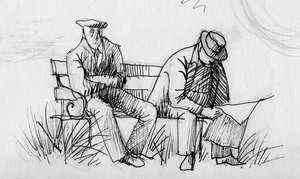 Deux hommes sur un banc, vers 1950
