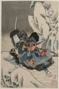 Nakamura Utaemon IV en guerrier debout dans la neige