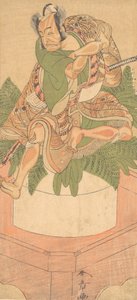 Le quatrième Ichikawa Danjuro en tant que serviteur Yakko assis sur un grand gâteau de mochi - Shunsho